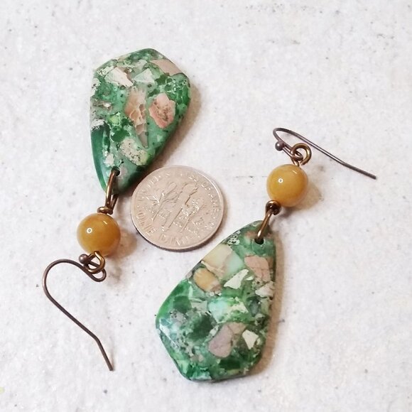 Minimalist Style! Unique Green Sea Sediment Jasper & Yellow Aventurine Earrings - Picture 5 of 5